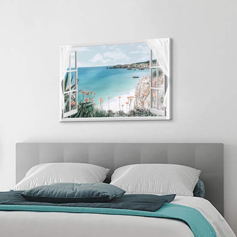 Hardy Gallery Window Canvas Art Sea Picture: Open Window into Blue Ocean with Beach Wall Art Coastal Artwork for Bedroom (36'' x 24'' x 1 Panel) - Image 3